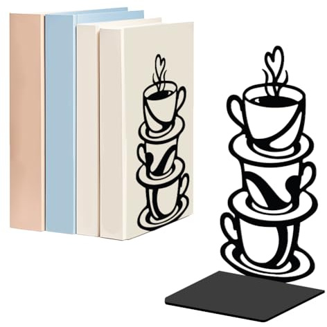 WADORN 1 coppia di fermalibri decorativi in metallo per tazze da caffè, fermalibri resistenti per scaffali, supporto moderno antiscivolo per libri, supporto nero per caffè, fermalibri per libri per