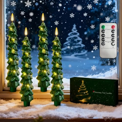 Htscudtg 4Pcs Christmas Tree Candles with Remote, Flameless Taper Candles with String Lights, LED Candlesticks Battery Operated for Table Fireplace Window Christmas Decorations(7.9 Inch, Green)