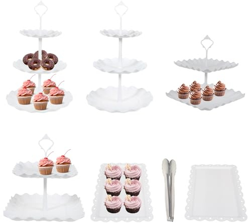 7 soportes para tartas de 3 pisos con soporte para tartas de 2 niveles, soporte para tartas, soporte para tartas, plástico, sin BPA, resistente, soporte para cupcakes, postres, buffets, bodas