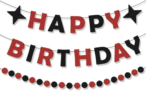 Pancarta de feliz cumpleaños en negro y rojo, pancarta de cumpleaños personalizada, guirnalda de purpurina, suministros de decoración para días bulliciosos, decoración para mujeres y hombres