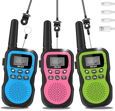 Set de 3 Radios Walkie Talkie Electrónicos para Niños, Recargables, 8 Canales, Batería 48h, Linterna, Rango 3KM, Regalo 3+ Años, Ideal para Camping y Aire Libre