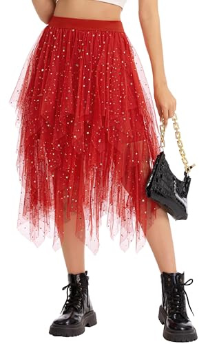 Lovasy Falda de Tutú para Mujer Irregular Bajo la Lentejuelas Tutu Tul Falda Disfraz para Ballet A-Line Midi Faldas para Mujer Prom Party Vestido Plisado,Rojo,S-M