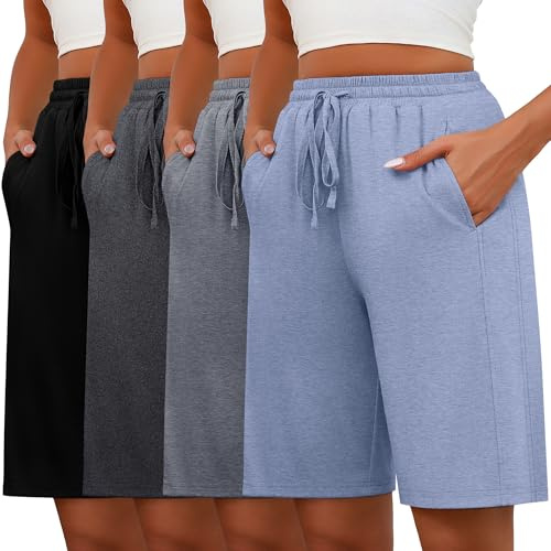 Geyoga 4 Pack Bermuda Shorts for Women Drawstring Elastic Waist Sweat Casual Wide Leg Long Shorts