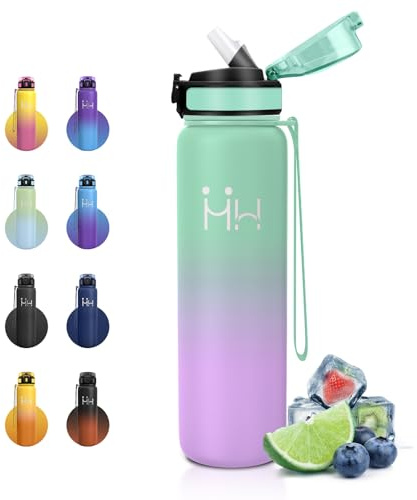 Isolierflasche 1L, Thermosflasche mit Strohhalm, Trinkflasche Kohlensäure Geeignet, Trinkflasche Edelstahl Auslaufsicher, Einhandöffnung, BPA-Frei, Sportflasche für Sprudel, Camping, Fahrrad, Gym