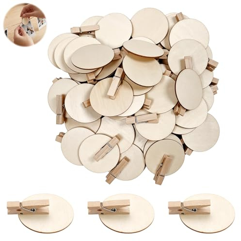 60PCS Mini Pince à Linge en Bois Naturel avec Disque Rond de 4,8 cm, Pinces à Linge Décoratives pour Photos, Lettres, DIY, Clips en Bois pour Cartes Postales et Projets Créatifs