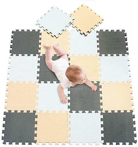 meiqicool Foam Play Mat Thick Soft EVA Interlocking Foam Floor Mats Children Yoga Exercise Multi Jigsaw Puzzle Blocking Board Kids Playmats Play White-Beige-Grey 18 Piece AJL