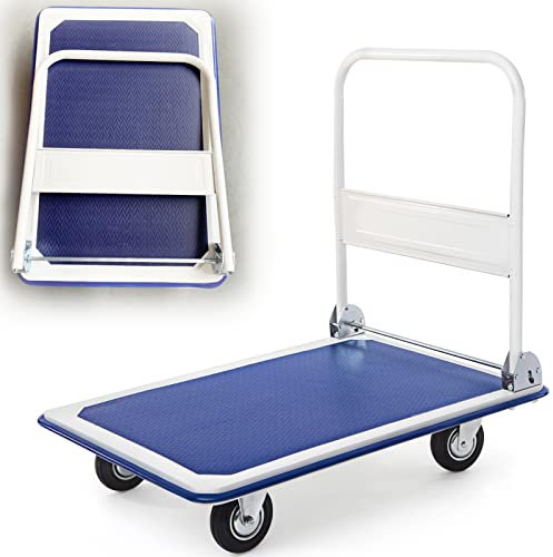 RELAX4LIFE Chariot de Transport Pliable en Fer Charge Max 300KG avec Plateau Antidérapant, Chariot Pliable à 4 roulettes en PU, 60 x 90 x 88 cm pour Déménagement Logistique Transport