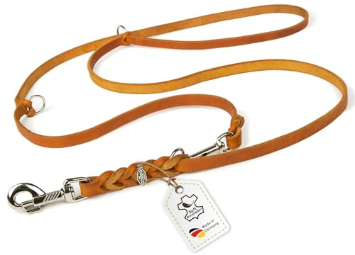 Hundeleine Leder 5m kleine Hunde leicht Fettlederleine [3-Fach Verstellbar] Lederleine geflochten – robuste Leine Hund mit Chrombeschlägen – Führleine Hund & Freihandleine zum Umhängen, Cognac 10mm