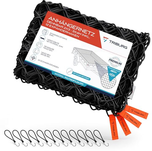 TRIBURG Filet de remorque Extensible 2x3 m à 3x4 m INCL. 12 Crochets d'extension - Filet de remorque élastique avec marquage des Coins et Corde en Caoutchouc