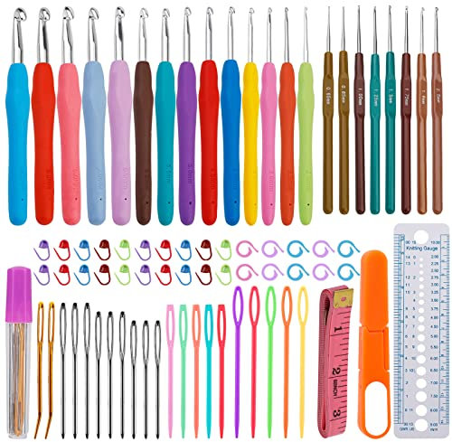 Ruasol Häkelnadel-Set mit 14 ergonomischen Hakengrößen und 8 Häkelnadeln mit Kunststoffgriff, Häkelnadel-Set für Anfänger und Fortgeschrittene