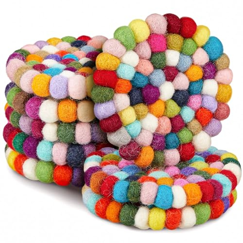 Tessco for you 8 Pcs Round Felt Ball Coasters Cute Table Coasters Wool Absorbent Handmade Felt White & Colorful Christmas Coaster for Drinks Office Home Bar Decor (Rainbow)