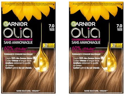 Garnier Olia Tinte permanente para el cabello sin amoníaco con aceites florales de origen natural con acción iluminadora y nutritiva, color 7.0 rubio - 2 paquetes
