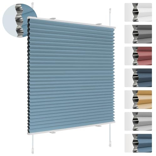 Deswell Plissee Verdunklung Klemmfix Wabenplissee B80 x H120 cm Hellblau Thermoplissee ohne Bohren Faltrollo für Fenster & Tür, 100% Blickdicht, Sonnen-, Sicht- & Schallschutz Wärmeisolierung
