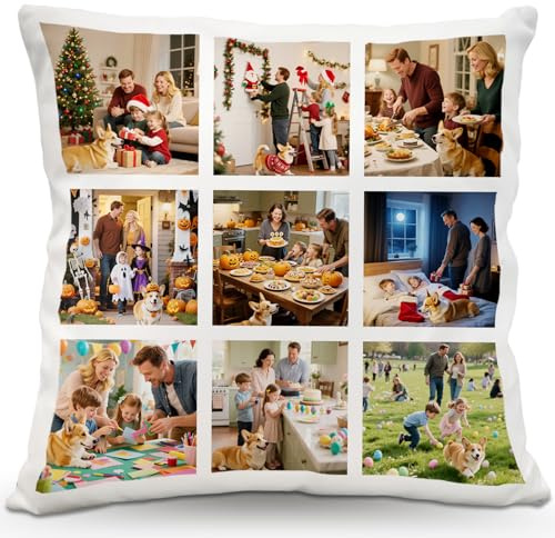 Wucidici Custom Pillow with Photo, Personalised Memorial Cushion Customized 9 Images Decorative Cover Memory Gift for Family Members and Friend Suitable for Halloween, Christmas, Birthdays (9 Photo)