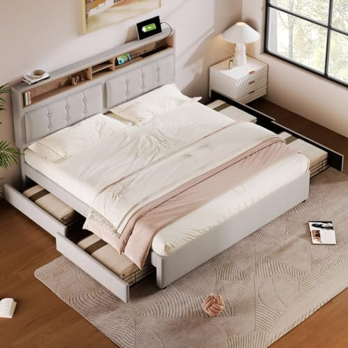 Sweiko Cadres de lit 140x200cm,Rembourré Lit Double en Bois Massif avec tiroirs et sommier à Lattes avec tête de lit réglable en Hauteur et sommier à Lattes en Bois (sans Matelas) Beige