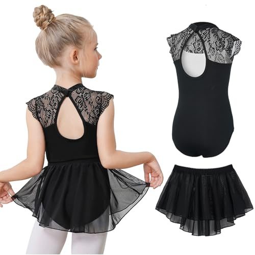 Gogokids Ballet Leotards for Girls Dance Leotards Toddler Hollow Back Lace Dance Dress with Removable Skirt Combo, C-black (Pull On Skirt)(140/8-9 Years)