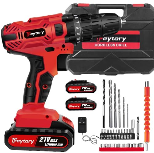 21V Cordless Drill Combo Kit with 2 x 1500mAh Batteries and Charger, 25+1 Torque 45 Nm Power Drill, 2-Speed Electric Screwdriver, Safety Lock 3/8 Chuck, 29 Accessories Power Tools with Carrying Case