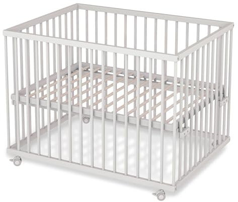 Sämann Laufstall Baby mit Lattenrost | stufenlos höhenverstellbar | Laufgitter Premium | Babybett aus Holz | Krabbelgitter (weiß, 75x100 cm)