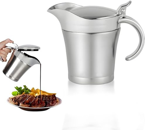 Edelstahl Soßenkanne, Sauciere Soßenkanne mit Klappdeckel und Henkel 450ML Soßenspender Milchkännchen Sossenbehälter für Servieren von Soße, Vanillesoße, Sahne