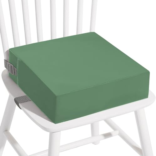 Toddler Booster Seat for Dining Chair, PU Washable Double Straps Kids Booster Seat for Dining Table, Portable Travel Booster Cushion (Dark Green)
