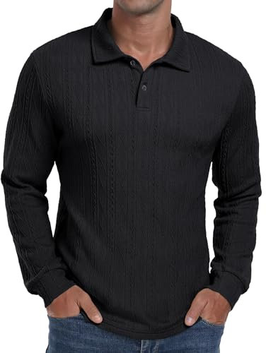 Sailwind Polo Shirts for Men Long Sleeve Tops Texture Knitted Polo Golf Work T Shirt with Buttons (Black, L)