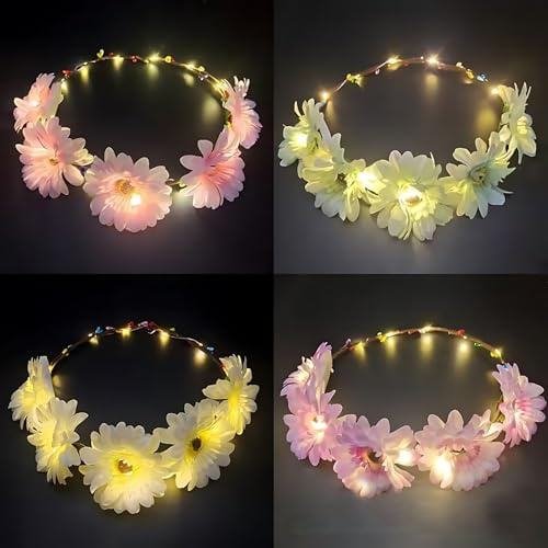 XineYuor 4PCS LED Blumenkrone Stirnband Leuchtender Kranz Haarreif Blumen Blumenkranz Haare Blume Haarkranz Kopfschmuck Blinkender Karneval Festival Party Haarschmuck für Damen