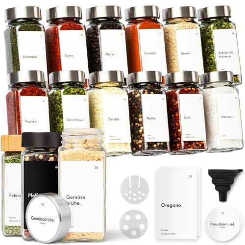 KIVY Lot de 12 bocaux à épices avec insert à saupoudrer, couvercles en acier inoxydable supplémentaires