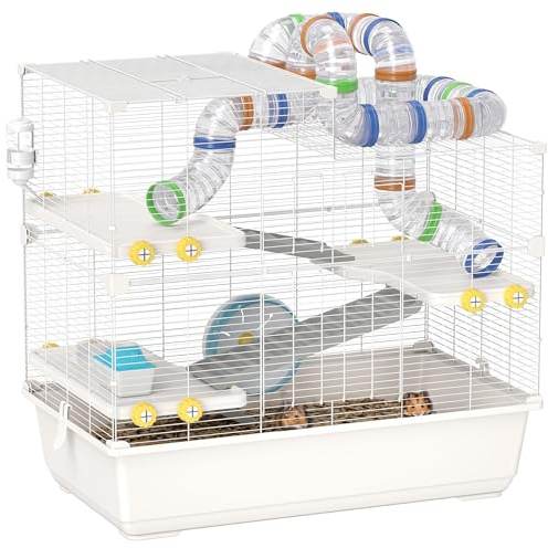 PawHut Gabbia per Criceti 78x45x73 cm a 4 Livelli con Tubi, Ruota Silenziosa, 3 Porte e Vassoio, Gabbietta per Criceti in Metallo, PP e PS, Bianco