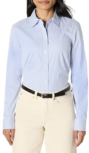Amazon Essentials Chemise Habillée et Boutonnée en Popeline Extensible Femme, Blanc Bleu Mini Rayures, XXL