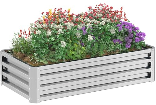 Outsunny Hochbeet Pflanzbeet mit Offenem Boden 120x60x30,5 cm Silber | Stahl, Frühbeet, Gartenbeet, Blumenkasten, Pflanzkasten, Gemüsebeet, Garten Pflanzkübel, für Blumen Pflanzen Obst Gemüse
