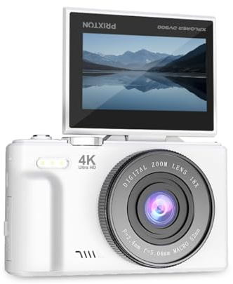 PRIXTON Caméra Digitale Xplorer DV900, WiFi, App Mobile, Écran Pivotant IPS LCD, Résolution 4K et 64MP, 9 Fonctions Caméra, Batterie Rechargeable, Autonomie 1,5h, Carte SD jusqu'à 256Go (Blanc)