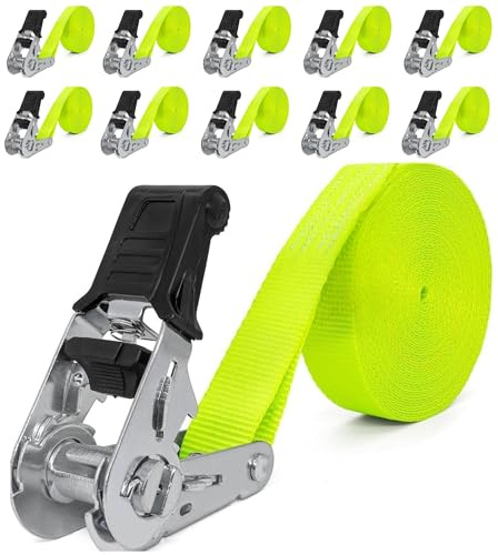 INTAKO Transport Belts with Tensioner 4m 800kg 25mm (Ergolash/Green) - Included in a set of 10 Pieces - Transport Belt with Clamping Buckle for Luggage, Motorcycle, Boat - Comply with DIN EN 12195-2