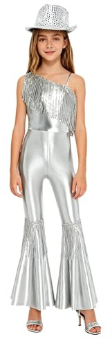 TiaoBug Mono Lentejuelas De Baie De Jazz Niña Mono Con Pantalones Acampanados + Sombrero Disfraz De Discoteca Hippie De Los Años 70 Y 80 Plata 11-12 años