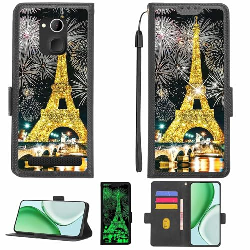 Aroepurt Case Compatible for IQU SMARTEasy Q50 Seniors Smartphone Phone Case Flip Cover [with Tempered Glass Screen Protector][RFID Blocking][Gold Glitter+Luminous] LPT-TT