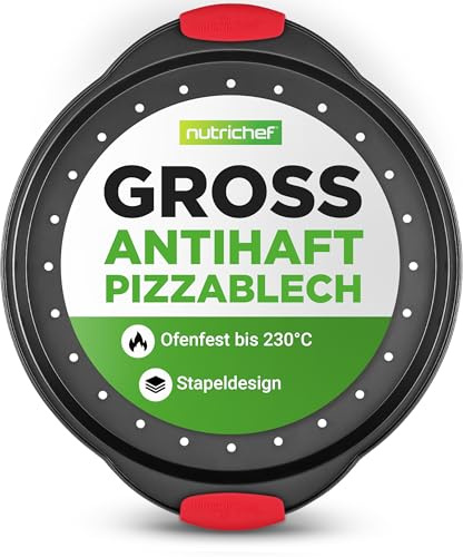NutriChef non-stick pizzaplåt med silikonhandtag, rund stålform med non-stick-beläggning och perforerade hål, premiumbakform, pizzaplåt med silikon och extra stort handtag, diskmaskinssäker