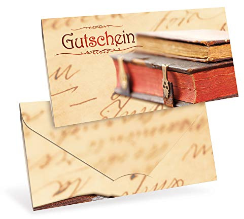 Gutscheinkarten (10 Stück) für Ihre Kunden - Geschengutscheine für Buchhandel, Antiquitäten, Antik, Poesie - DIN lang Faltkarte verschließbar, blanko Vordruck zum Eintragen der Werte