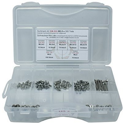 Sortiment DIN 933 Edelstahl A2 Schrauben Durchmesser M2,5, 300 Teile ; Aussensechskantschrauben/Maschinenschrauben, inc. Muttern DIN 934, Unterlegscheiben DIN 125, Material VA V2A
