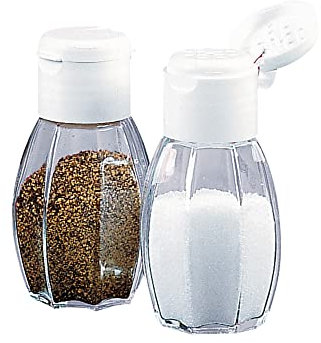 Fackelmann Salero y Pimentero Individual para Mesa con Recipiente de Cristal Transparente y Tapa en Polipropileno Blanco, Juego Salero y Pimentero, 8x4 cm, 2 uds.