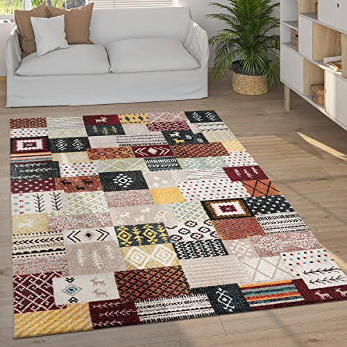Paco Home Teppich Wohnzimmer Schlafzimmer Kurzflor Vintage Boho Ethno Skandi Geometrisches Muster Streifen Rauten Design, Grösse:200x290 cm, Farbe:Bunt