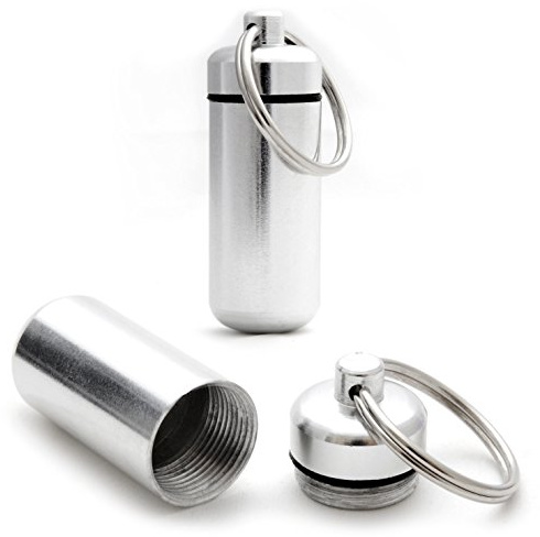 Ganzoo Pillendose, Mini-Kapsel, 2 Stück, Pillenbox, wasserdicht für Kleinteile, Aufbewahrungsbox, Schlüsselanhänger mit Schraubverschluss (Gummidichtung), Höhe: 45mm, Aluminium, Farbe: Silber