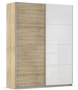 Rauch qUADRA armoire à portes coulissantes 2 portes-corps chêne de sonoma avant blanc/verre blanc), Verre, naturel, Breite 181 cm