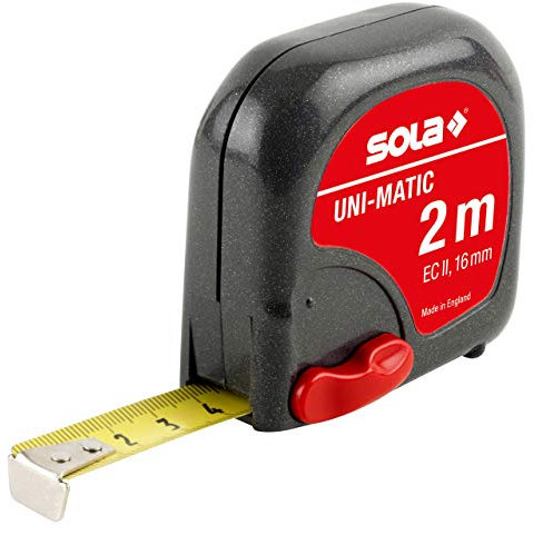 SOLA UNI-MATIC - Bandmaß 2m / 16mm - Taschenbandmaß mit Gürtelclip - Stahlband, gelb lackiert mit mm Skala - Genauigkeitsklasse II - Rollmeter mit beweglichem Endhaken - Metermaß Länge - 2m/16mm
