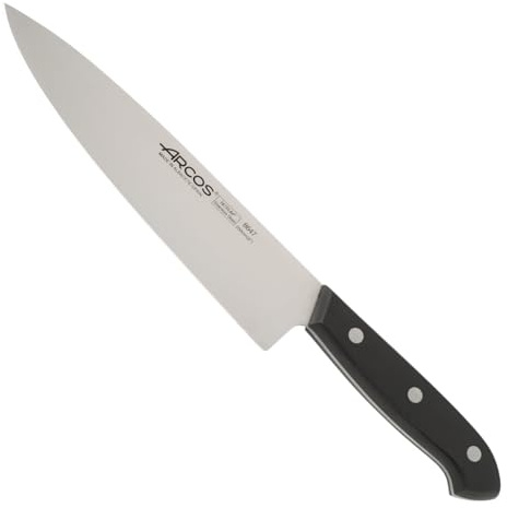 Arcos Cuchillo de Chef de 20 cm para Precisión Culinaria Profesional | Hoja de Acero Inoxidable NITRUM con Borde de Seda | Mango Ergonómico de Madera de Encina | Mango de polioximetileno POM. Serie Bolonia. Color negro.