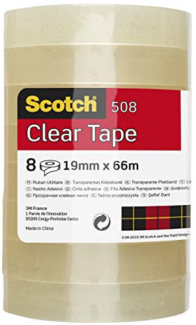 Scotch Transparent Tape 508-8 Rolls - 19 mm x 66 m - General Purpose Clear Tape for School, Home and Office