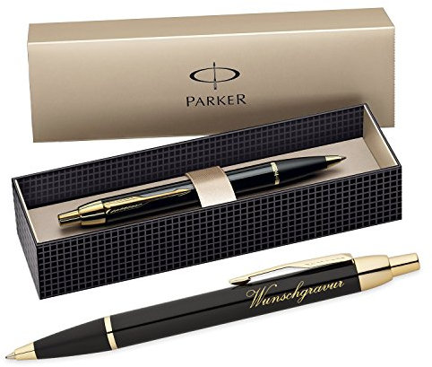 polar-effekt Parker IM Druckkugelschreiber mit Gravur - Schwarz-gold - Großraummine blauschreibend - inkl. Geschenk-Etui - Kugelschreiber Geschenkidee
