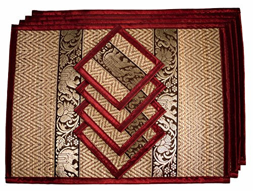 Juego de Manteles Individuales y Posavasos de Caña de Mimbre Tejido a Mano - Ideal para Comer, Entretenimiento y Decoración del Hogar - Resistente al Calor, Fácil de Limpiar (Mediano Rojo Burdeos)