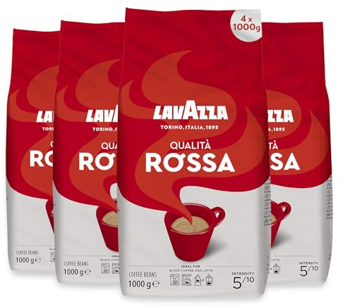 Lavazza Qualità Rossa Coffee Beans, Medium Roast, 1 kg Each, 4-Pack | Intensity 5/10, with Aromatic Notes of Chocolate and Dried Fruit, Arabica and Robusta, Medium Roasting