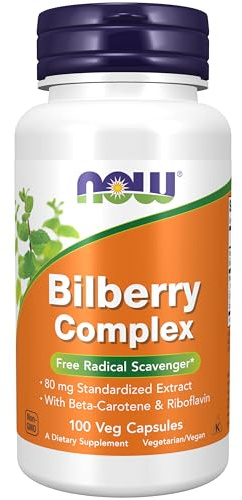 NOW Foods Supplements, Bilberry (Vaccinium myrtillus)Complex 80 mg with Beta-Carotene & Riboflavin, 100 Veg Capsules