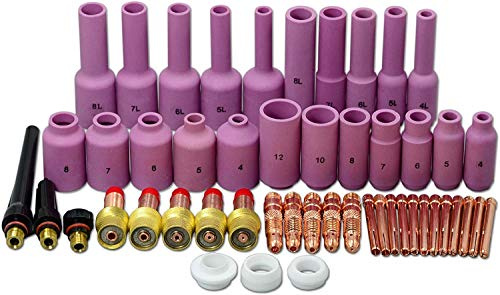 RIVERWELD TIG-Gaslinsen-Kolbenkörper großer Durchmesser, lange Aluminiumoxid-Düsen, keramische Becher, Sortiment von Größen-Kit, geeignet für SR WP 17, 18, 26 WIG-Schweißbrenner, 50 Stück