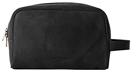 HOLZRICHTER Berlin - Kulturtasche aus Leder für Damen & Herren (No-3-1), Kulturbeutel 15x25x13cm, Echtleder Waschtasche, Schwarz-Anthrazit